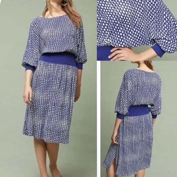 Anthropologie Maeve Women Gemma Dress Blue White Geometric Dolman Sleeve - Picture 1 of 13